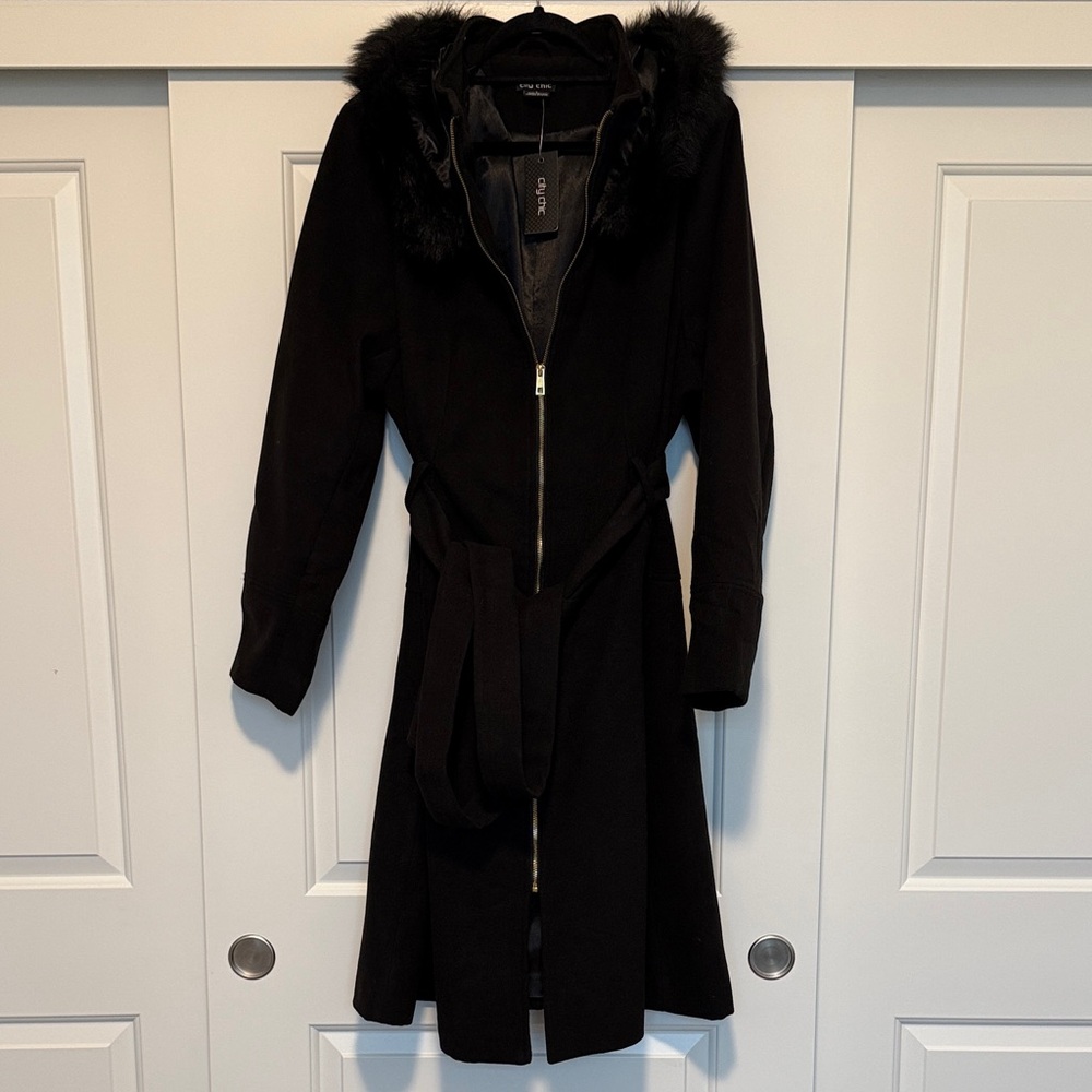 City Chic black ‘Miss Mysterious’ coat with fur hood